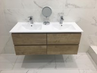 Bathroom installation in Cavan with double sink vanity unit and marble effect tiling by North West Tiles & Timber, Ireland