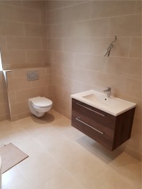 Wall hung vanity unit and toilet - new bathroom  installation by North West Tiles & Timber, Leitrim, Ireland